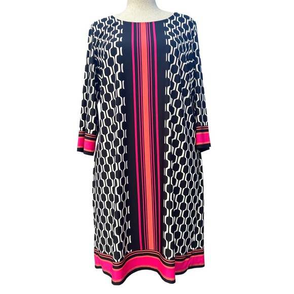 ALYX Geometric Sheath Dress Wms Sz 2X Black Pink 3/4 Sleeve Career Retro Stretch - Picture 1 of 8